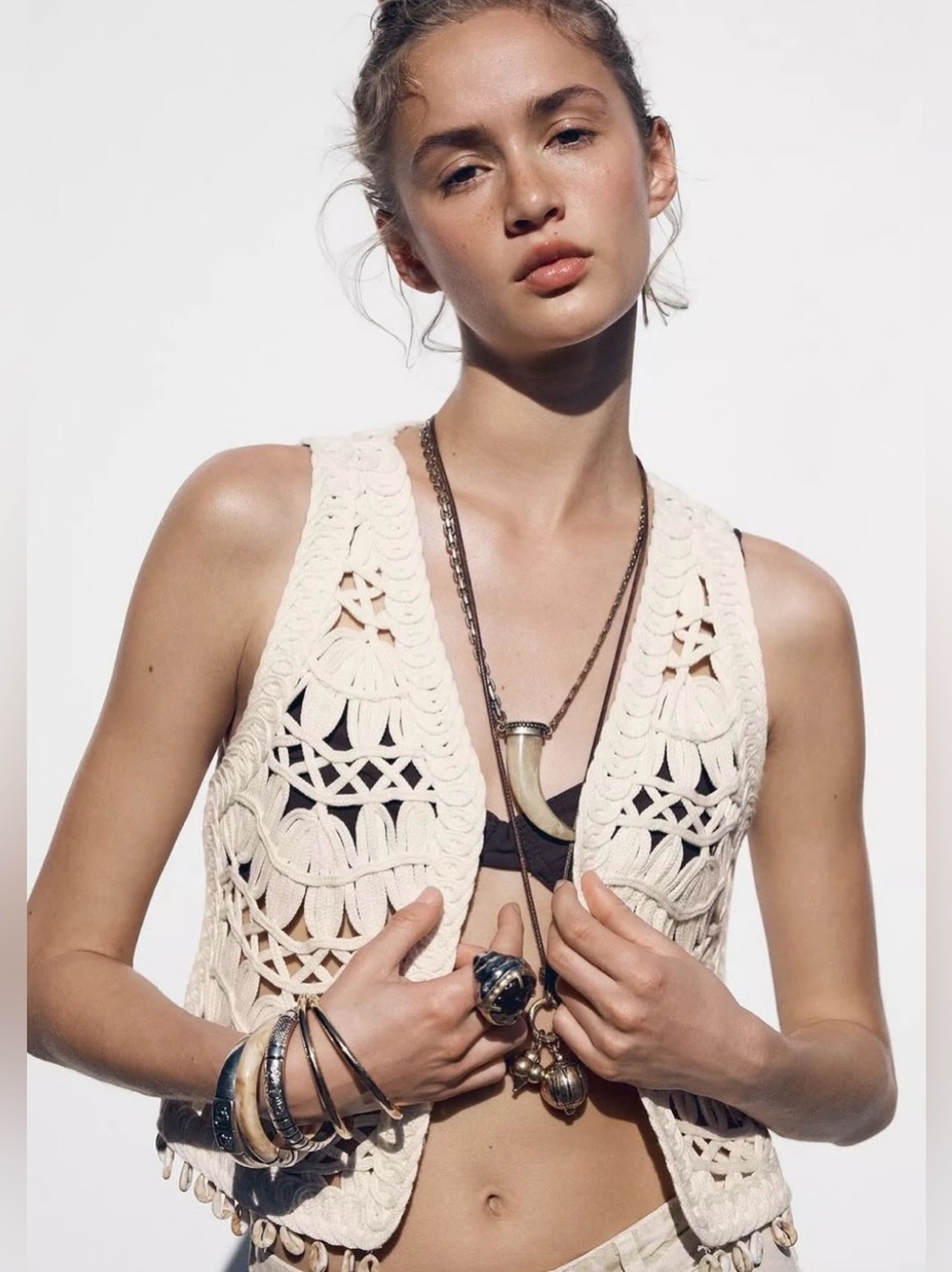 Zara Boho Cream Crochet Openwork Seashell Embellished Knit Macrame Festival Vest